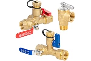 JUWO 3/4 Inch IPS Isolator Tankless Water Heater Service Valve Kit, with Pressure Relief Valve, Hot Cold Water Supply Isolator Valves fit for Rheem, Rinnai, Navien