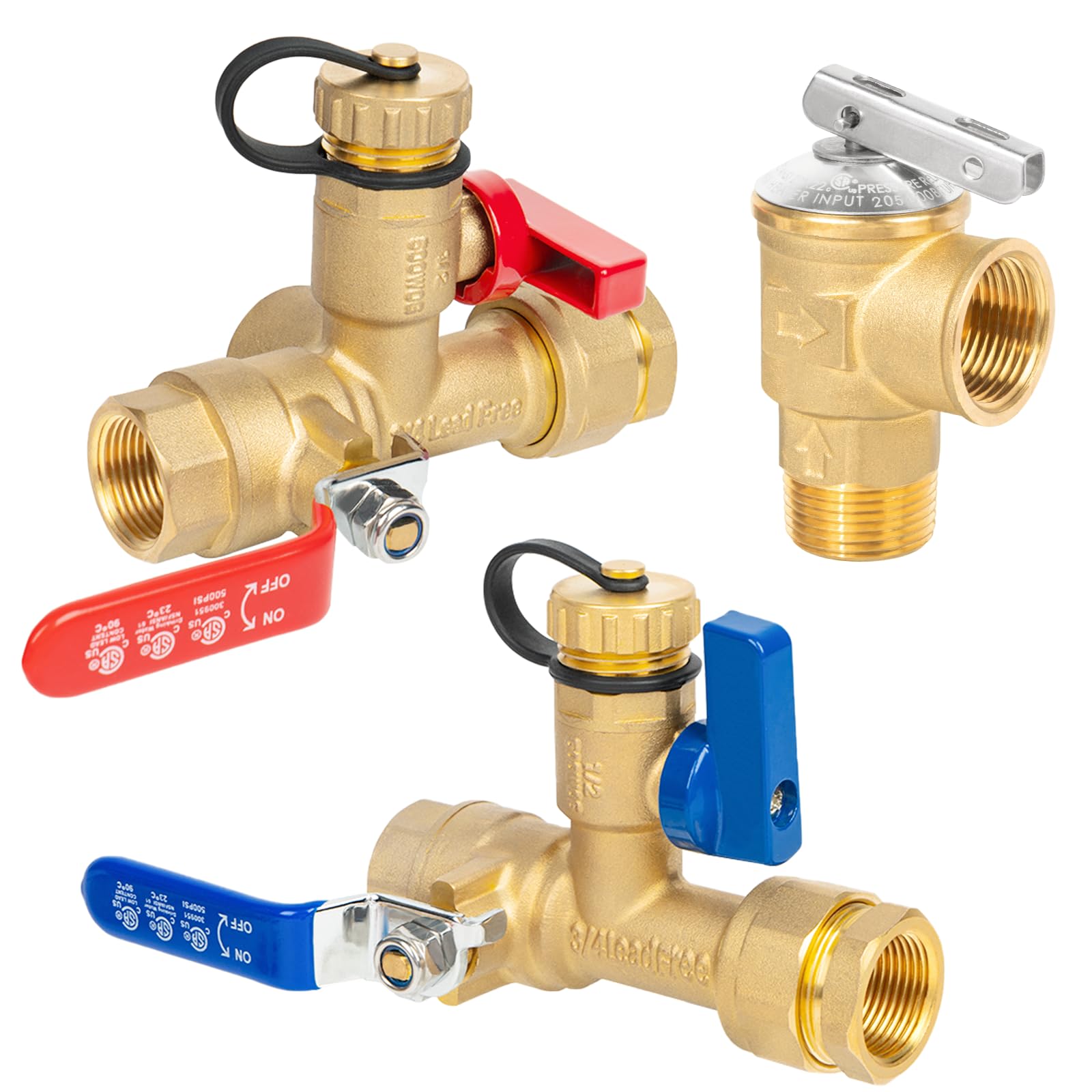 Photo 1 of JUWO 3/4 Inch IPS Isolator Tankless Water Heater Service Valve Kit, with Pressure Relief Valve, Hot Cold Water Supply Isolator Valves fit for Rheem, Rinnai, Navien