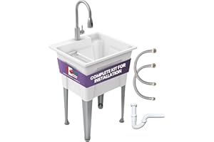 Standing Utility Sink with Steel Legs and Gooseneck Faucet – 24” Utility Sinks for Laundry Room, Garage, Garden, Basement – Noah William Home Indoor and Outdoor Basement Wash Tub (WHITE)