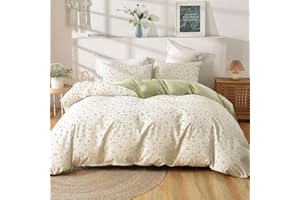 Lekesky Cotton Duvet Cover Queen Size - 100% Washed Cotton Reversible Green Duvet Cover Set for All Season, Soft Lightweight Bedding Set with Zipper Closure & Corner Ties