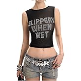 WDIRARA Women's Sparkly Rhinestone Mesh Tank Top Sheer Letter Print Sleeveless Crop Tops Clubwear