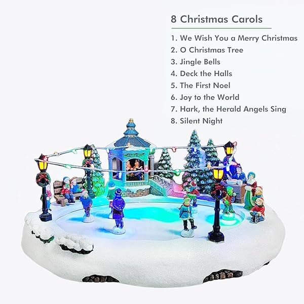 MOMENTS IN TIME ANIMATED SKATING POND 7.28”H LED CHRISTMAS VILLAGE DISPLAY WITH MOVING SKATERS, LIGHTS & MUSIC, ADAPTER OR BATTERY OPERATED, HANDCRAFTED POLYRESIN DECOR