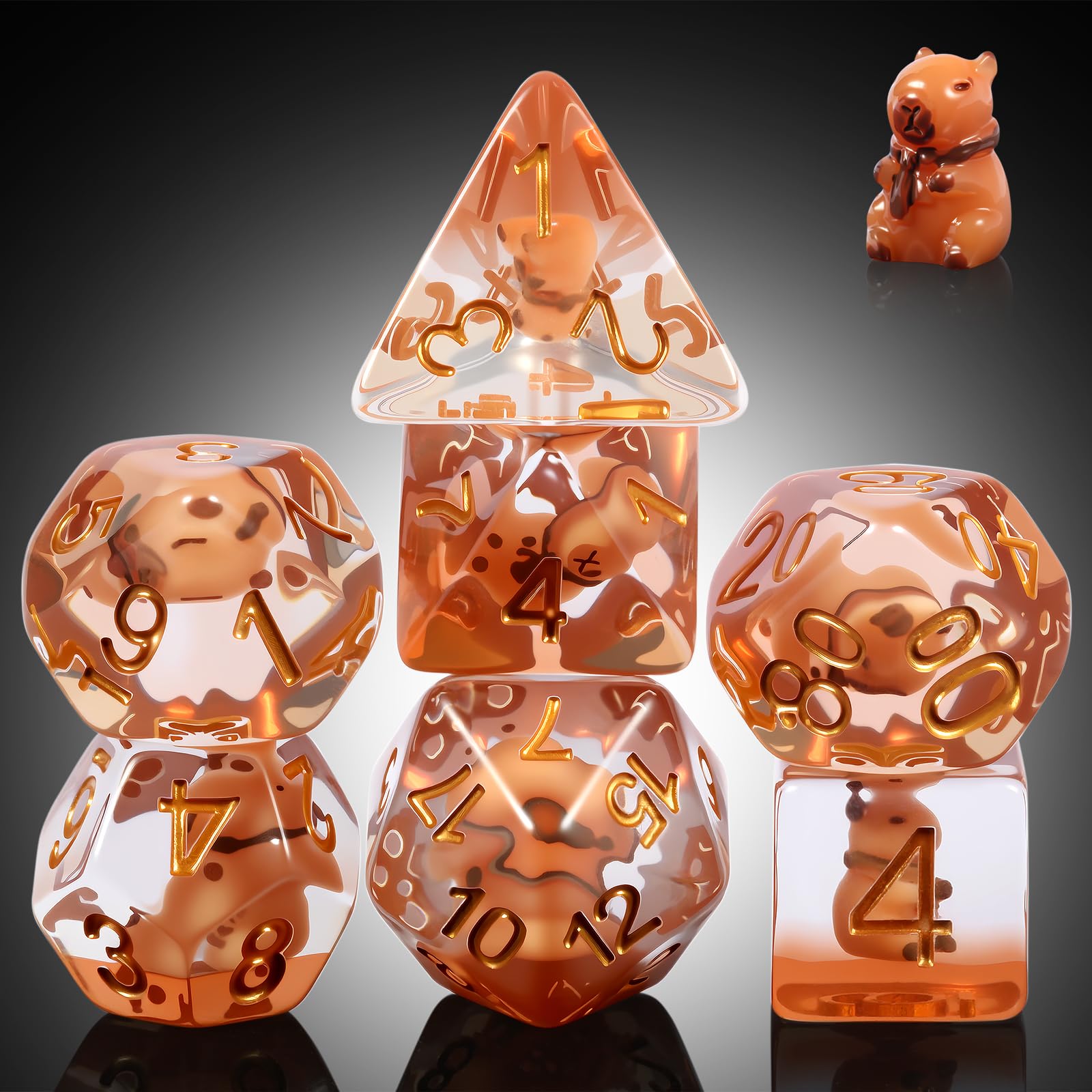 Capybara DND Dice Set with Cute Animal Inside - 7PCS Hand Made Polyhedral Resin Dice for Dungeons and Dragons RPG Games with Gold Numbers, Unique Collector Dice in Velvet Bag Gift for Gamers