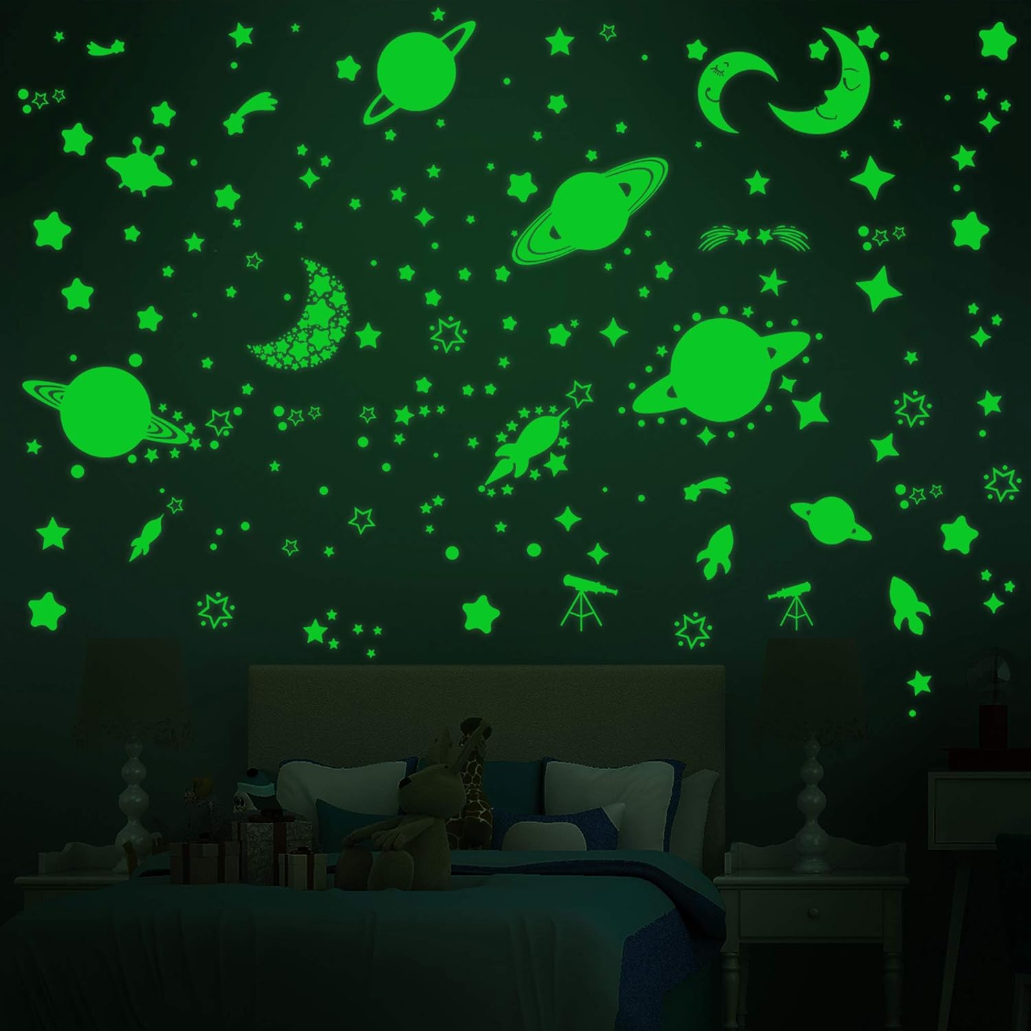 RW-3302 Glow in The Dark Planet Wall Decals Luminous Moon Stars Ceiling Wall Stickers DIY Removable Shining Space Rocket Wall Decor for Kids Baby Girls Boys Bedroom Living Room Nursery Party (Green)