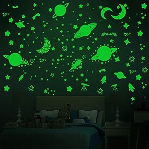 RW-3302 Glow in The Dark Planet Wall Decals Luminous Moon Stars Ceiling Wall Stickers DIY Removable Shining Space Rocket Wall Decor for Kids Baby Girls Boys Bedroom Living Room Nursery Party (Green)