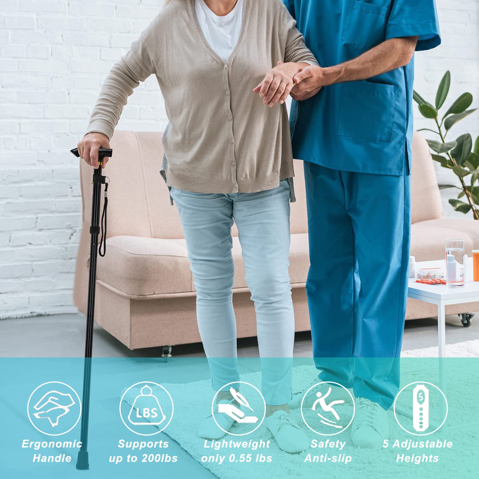 Walking Cane, Folding Cane for Man & Women, Portable Lightweight | 5-Level Adjustable Height, Collapsible Cane for Seniors Balancing Mobility Aid