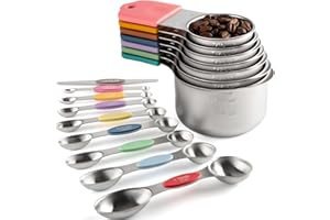 TUREWIN Magnetic Measuring Cups and Spoons Set Including 7 Stainless Steel Heavy Duty Measuring Cup 8 Double Sided Measuring Spoons with 1 Leveler for Dry and Liquid Ingredients (Color)