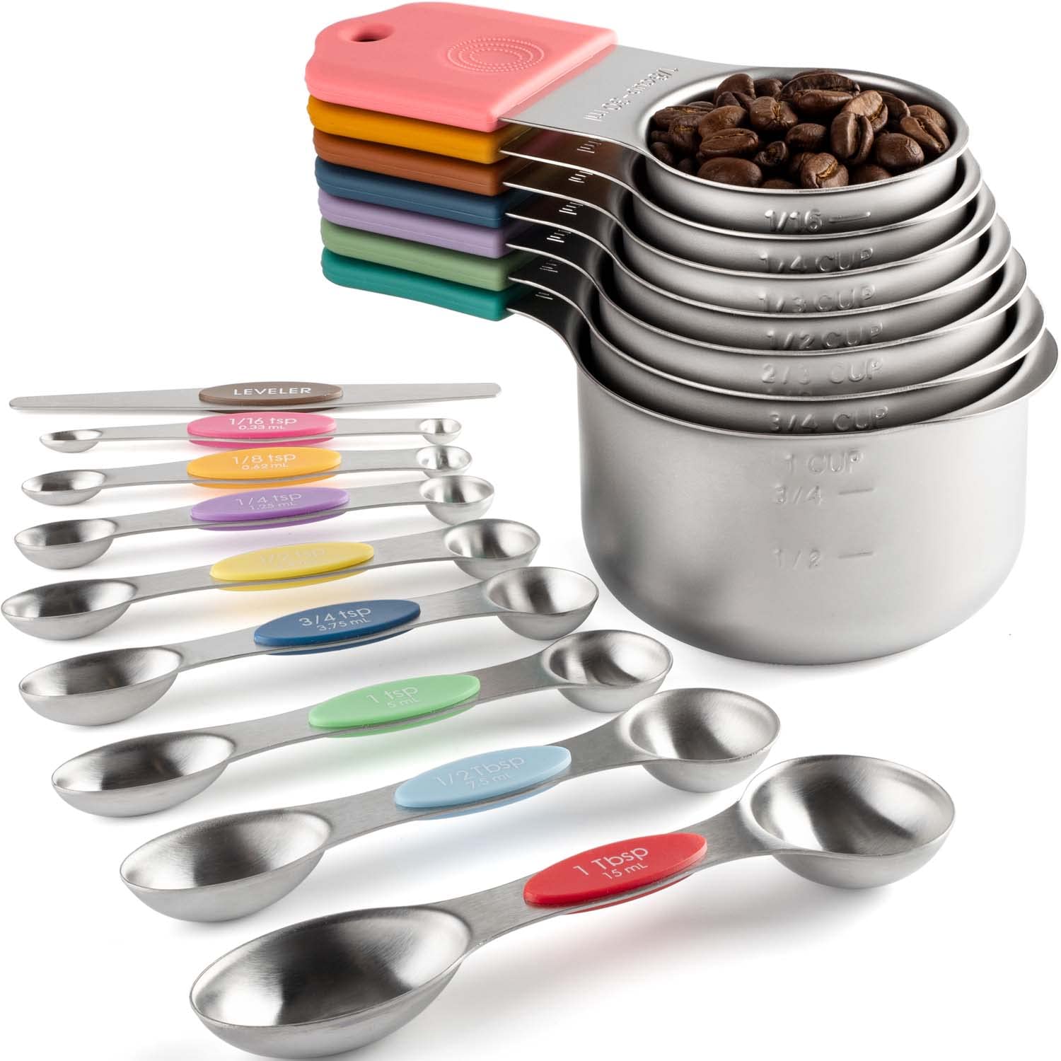 Magnetic Measuring Cups and Spoons Set Including 7 Stainless Steel Stackable Measuring Cup 8 Double Sided Magnetic Measuring Spoons with 1 Leveler for Dry and Liquid Ingredients (Black) (Color)
