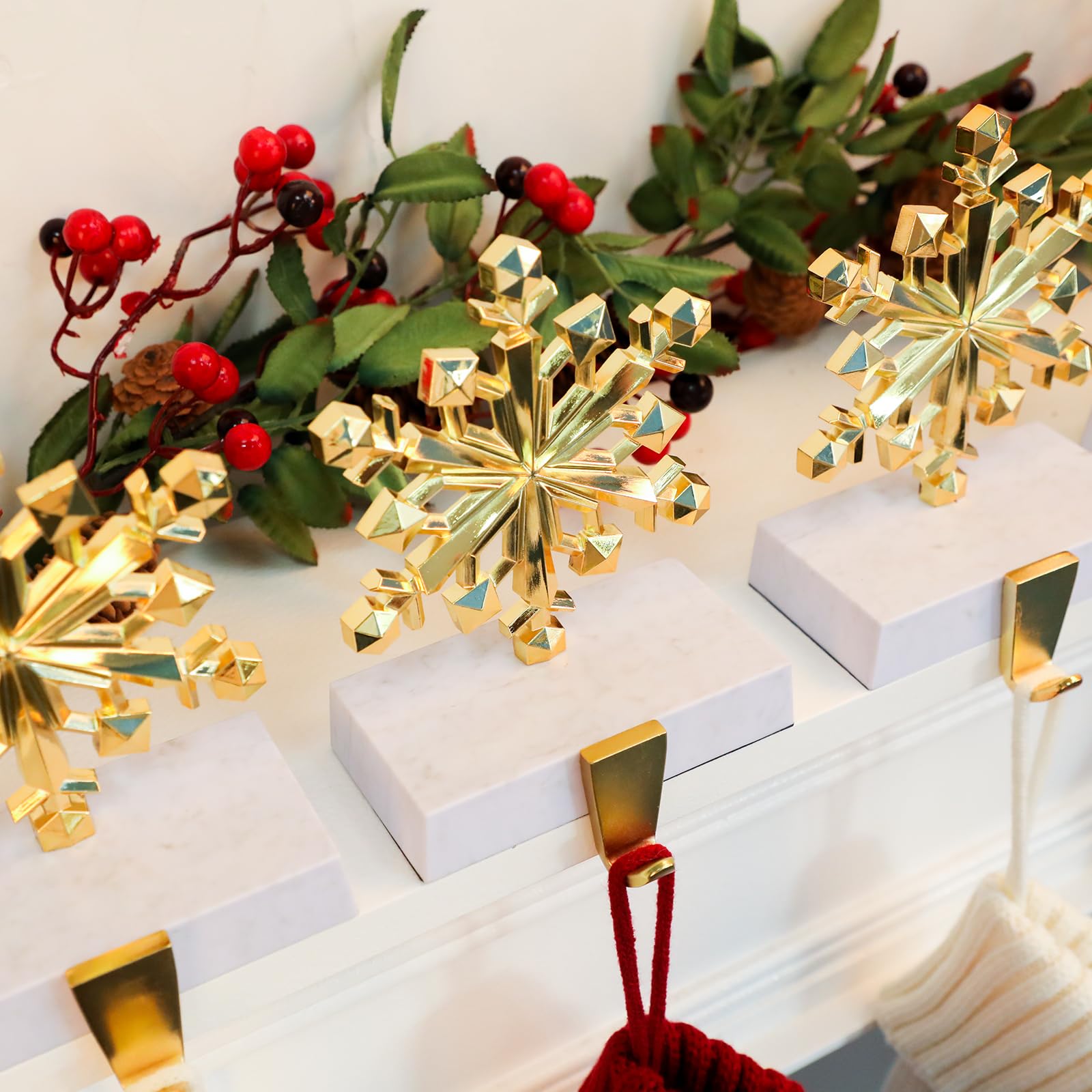 Photo 1 of DOYOLLA Snowflake Christmas Stocking Holders Set of 3 Gold, Xmas Stocking Holders for Mantle, Mantel Fireplace Topper Stand Hooks, Stockings Hangers