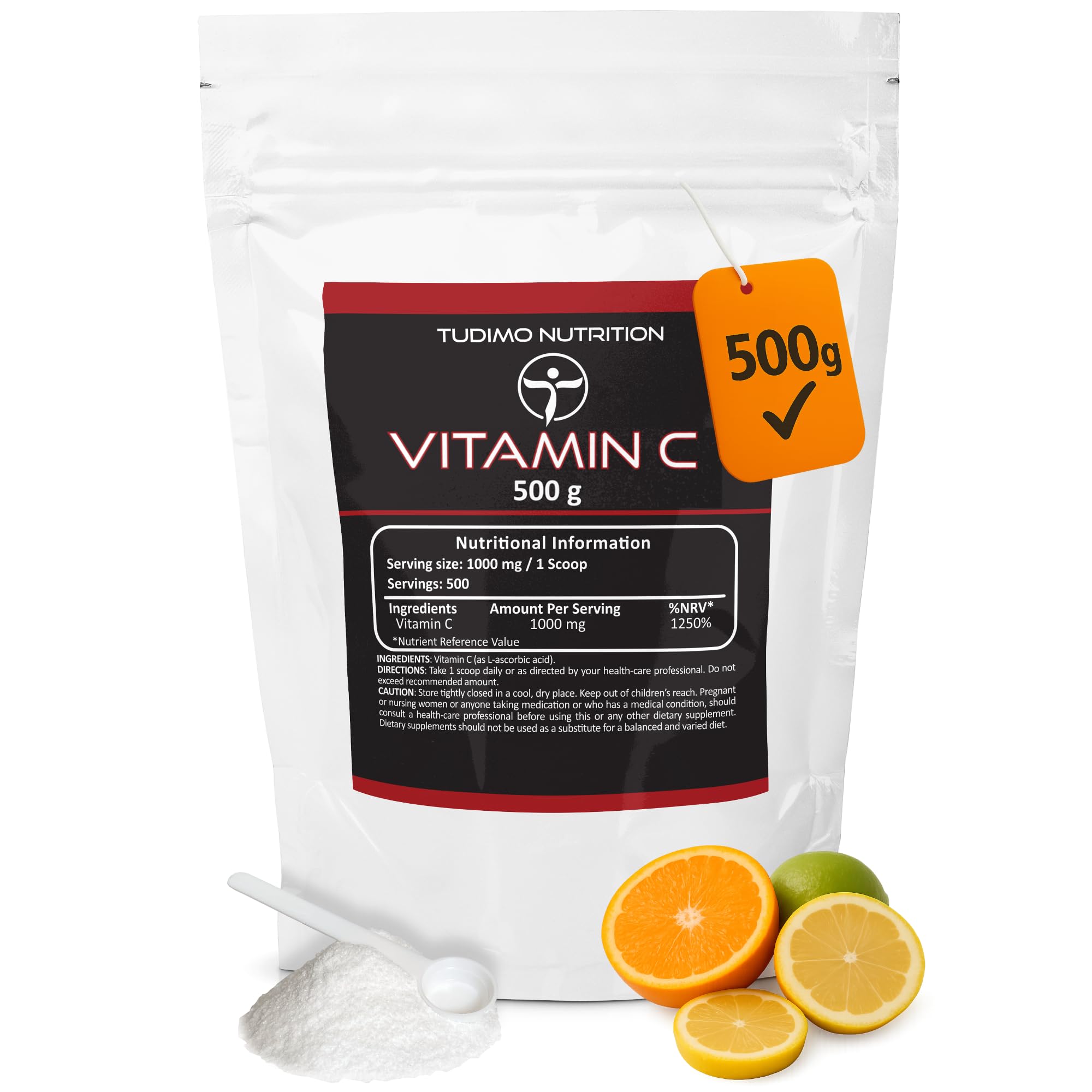 Vitamin C Powder 1000mg per Serving - Bulk Pack 500g | High Strength Ascorbic Acid, Multi-Use Immune & Wellness Support | Easy to Mix, 100% Vegan and Pure, Non-GMO | Scoop Included
