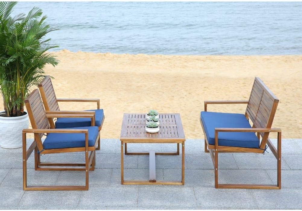 Safavieh Home Collection Hailey Outdoor Living 4-Piece Acacia Patio Furniture Set, Brown and Navy : Garden & Outdoor