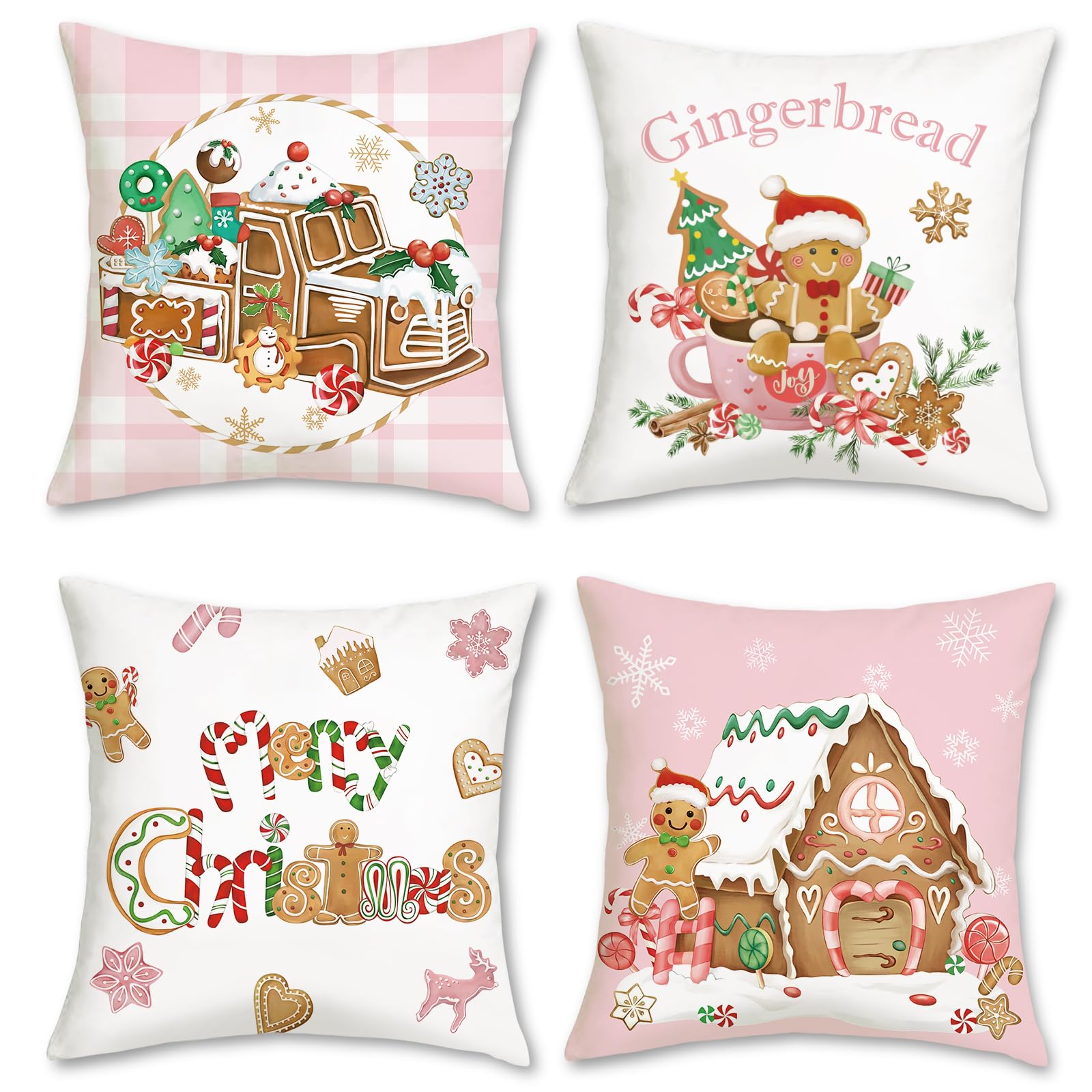 Bonhause Christmas Gingerbread Cushion Covers 45 x 45 cm Xmas Truck House Hot Cocoa Pink Decorative Throw Pillow Covers for Sofa Bed Home Winter Holiday Decor Set of 4