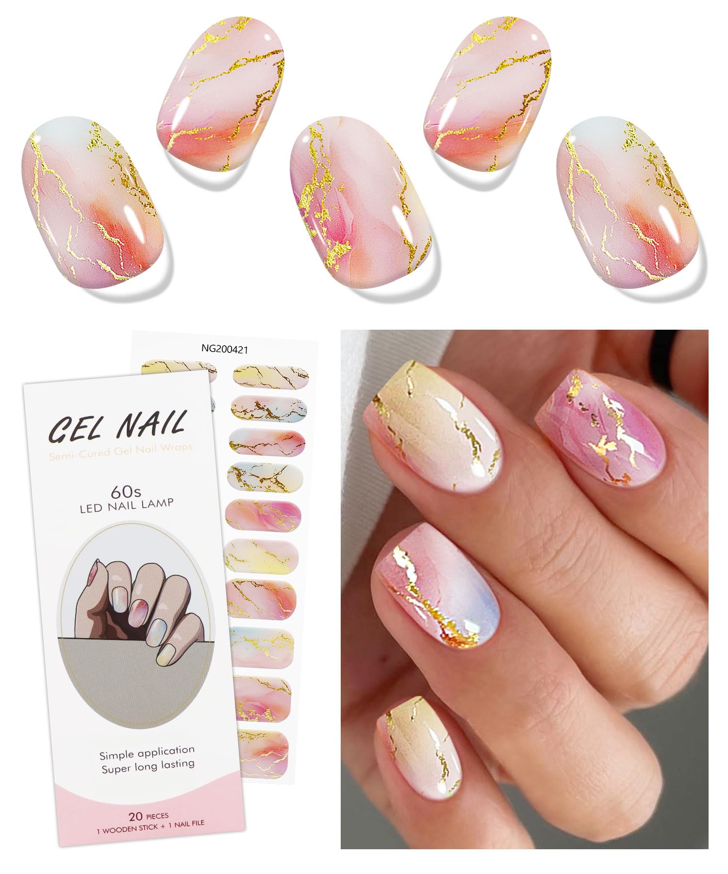 JMEOWIO Gel Nail Stickers Colorful Marble Semi Cured Gel Nail Strips Wraps UV/LED Nails Art Design Decoration Accessories