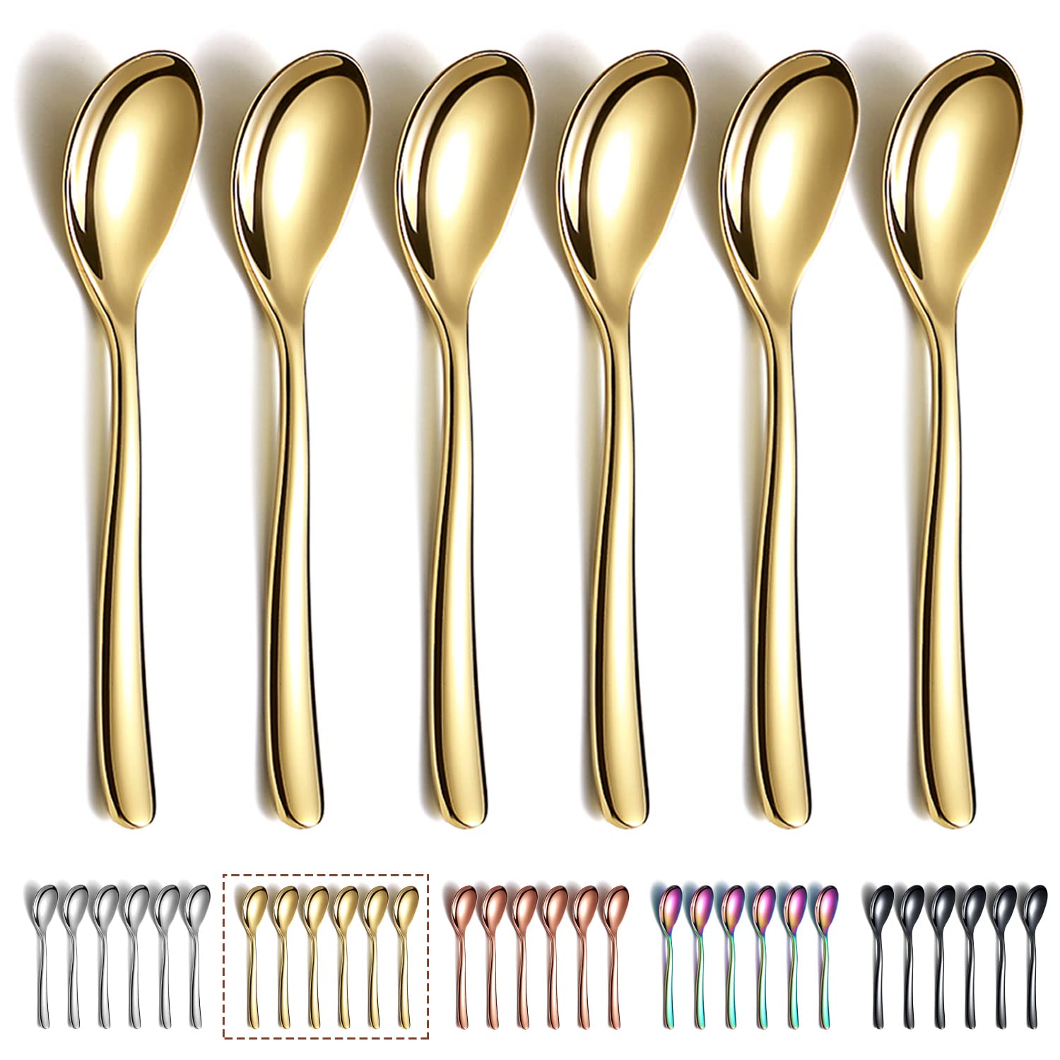 Golden Teaspoons 6 Pieces, Kyraton 14cm Stainless Steel Titanium Plating Gold Coffee Spoons Espresso Spoons, Dessert, Small Mini Set for Parties, Dishwasher Safe
