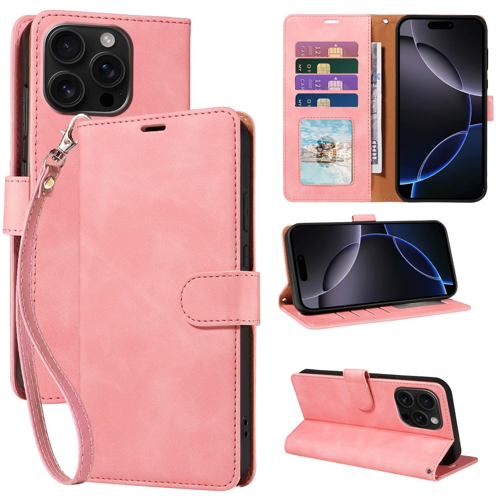 JHWVVTF for iPhone 16 Pro Case Wallet,RFID Blocking 4 Card Slots Holder,Wrist Strap,Shockproof Protective Stand Leather Folio Flip Cases Cover for iPhone 16 Pro 6.3 Inches (Pink)
