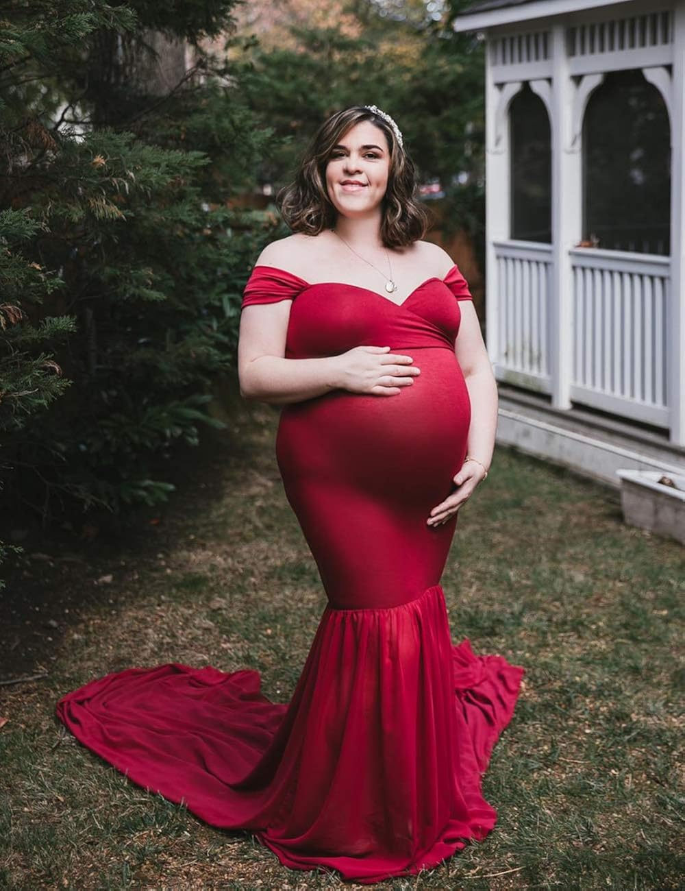 JustVH Maternity Off Shoulder Chiffon Gown Maxi Photography Dress for Photo Shoot Photo Props Dress Burgundy at  Women’s Clothing store