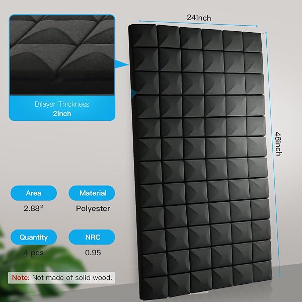 2 PCS ACOUSTIC PANELS,48”X24”X2” SOUND PROOF FOAM PANELS FOR WALLS,HIGH DENSITY FIRE RESISTANT & NOISE ABSORBING FOR STUDIO, OFFICE, HOME (BLACK, 2 PACK)
