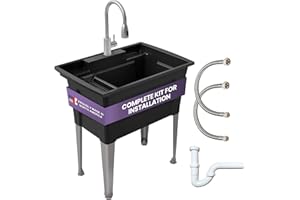 Freestanding Utility Sink with Gooseneck Faucet - 32" Plastic Utility Sink with Steel Legs for Garage, Laundry, Indoor and Oudoor Use - Laundry Tub Kit by Noah William Home - Black (25.6 gal)