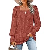 WIHOLL Long Sleeve Shirts for Women Trendy Casual Square Neck Tops Lightweight Sweaters