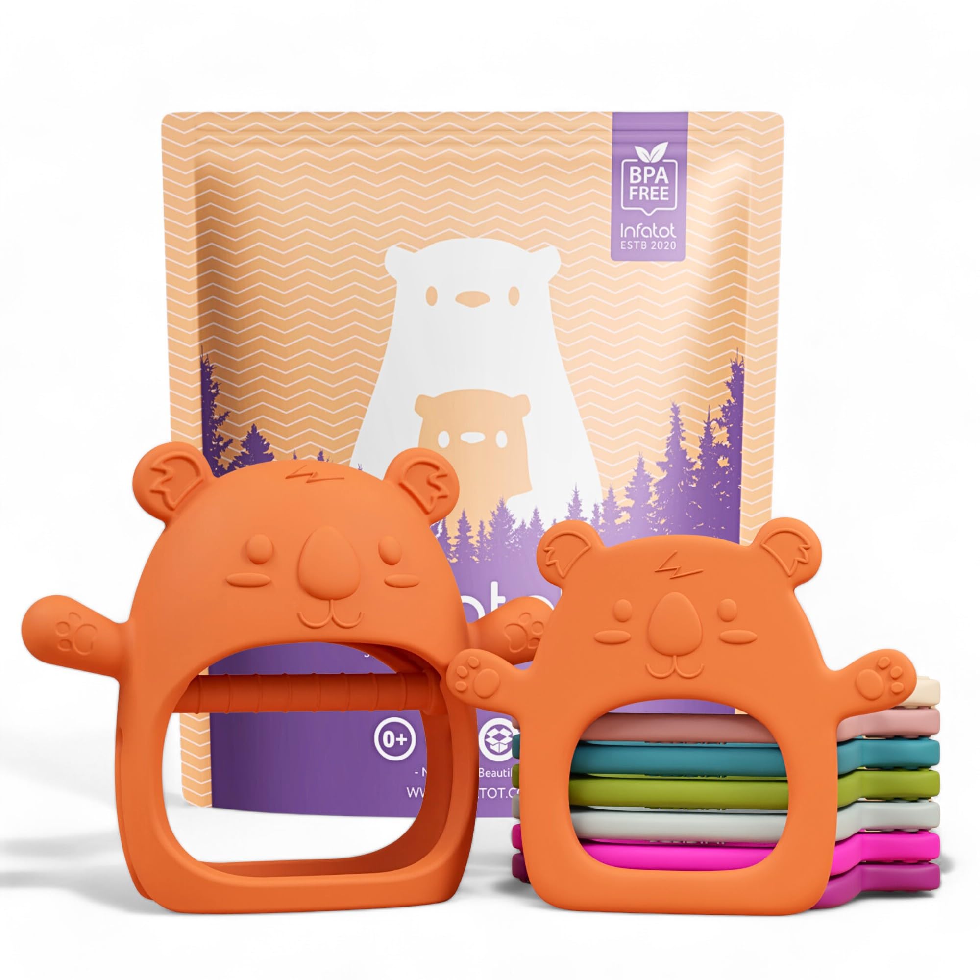 Infatot® Teething Toys for Baby Gifts – 2-Pack Koda Koala Teether Mitten Glove, Soothing Hand Teethers for Infants, Baby Toys 0-6 Months and Up, Newborn Essentials for Teething Relief, Orange.