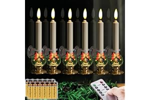NONNO & ZGF 6 Pack Flameless 8.7'' Window Candles +6 Wreath(with Bows/Bells)+12 AA Batteries(Include)+ 6 Suction Cups+ 6 Golden Candleholders. Battery Powered Ivory Taper Candle with Remote and Timer