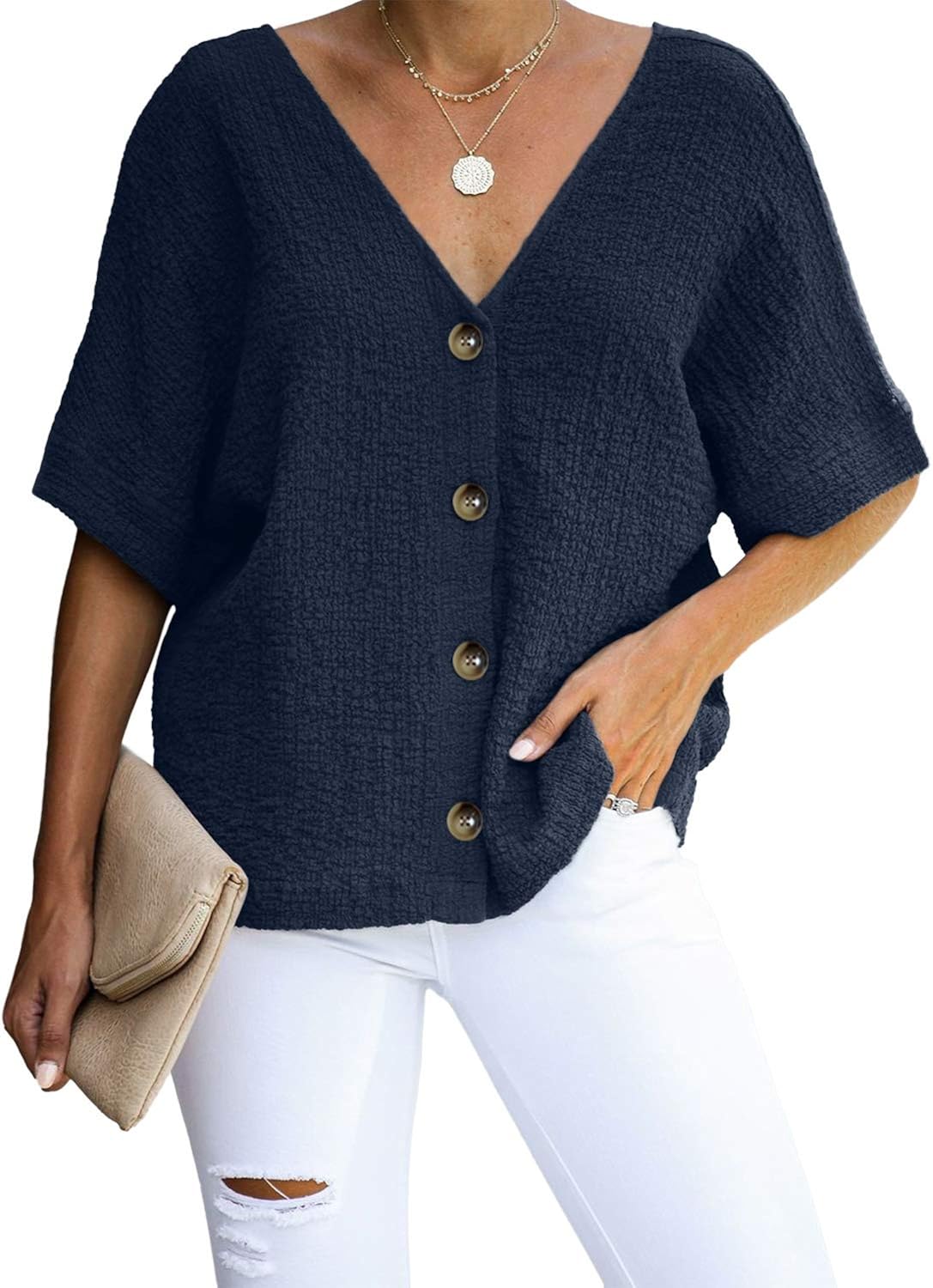 ROSKIKI Women's Button Down V Neck Tops Loose Casual Short Sleeve Shirts Blouses: Clothing