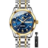 OLEVS Stainless Steel Classic Watches, Large Face Quartz Dress Watches for Men, Easy to Read Men's Waterproof Watch with Day and Date, Blue/Black/Silver/Gold/Grey Dial