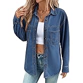 Sidefeel Women Denim Shirts Oversized Long Sleeve Button Down Blouse V Neck Casual Top Shackets