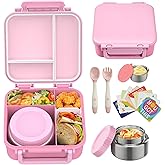 Kids Bento Lunch Box with 9oz Soup Thermo Leakproof Lunch Food Containers 4 Compartment with Insulated Hot Food Jar for Kid Toddler Girls Boys to School, Trvael