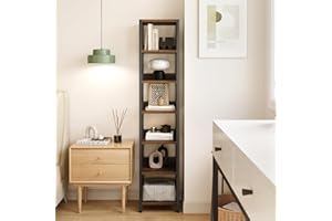 LALFPET Space-Saving Tall Narrow Bookshelf – 6-Tier Industrial Bookcase with Metal Frame & Wood Shelves – Freestanding Storag