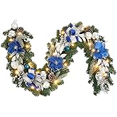6ft Blue Silver Christmas Garland with Lights for Front Door,Lighted Winter Mantle,Fireplace and Stairs Decor- 20 Timer LED,prelit Magnolia Garland with Sparkle Ornament,Blue Floral Decor