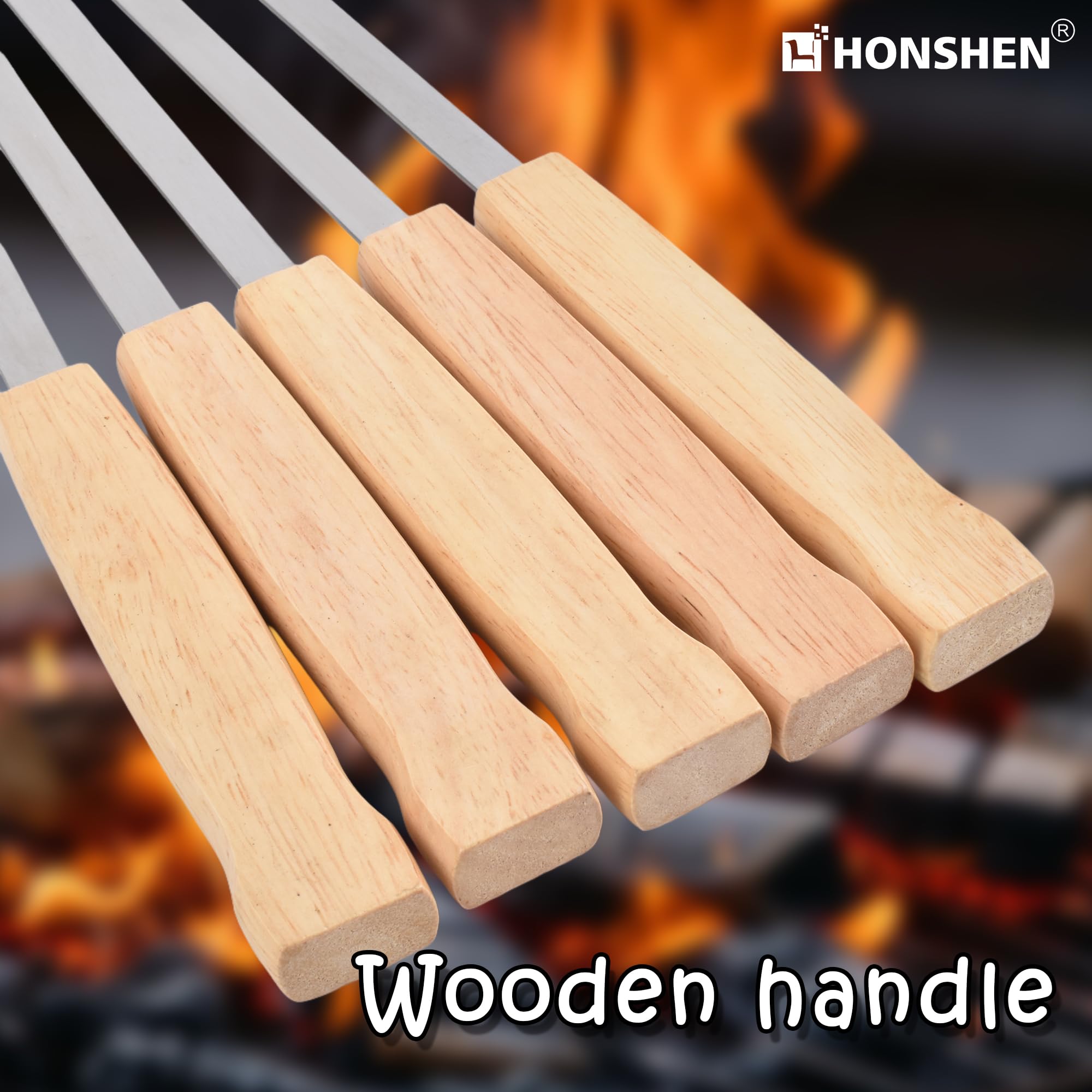 17-Inch 12 Pack Long Flat BBQ Skewers, HONSHEN Brazilian-style Stainless Steel 3/8 Inch Wide Blade with hardwood Handle barbecue skewers for Grilling Meat,Chicken,Shrimp,Vegetables-Set of 12