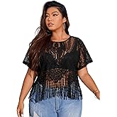 SOLY HUX Women's Plus Size Sheer Lace Tee Fringe Hem Short Sleeve See Through T Shirt Tops Concert Outfits