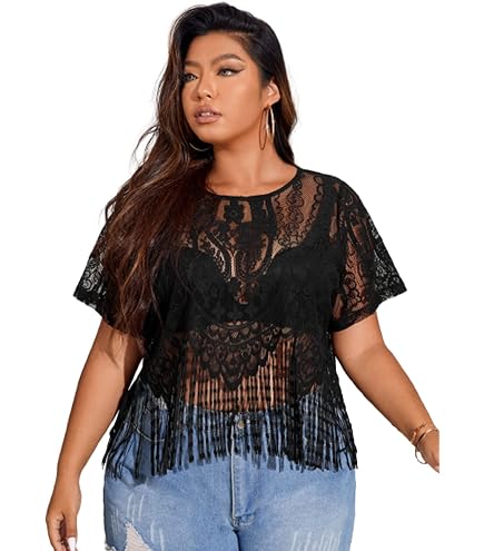 SOLY HUX Women's Floral Lace Sheer Fringe Tops Dark Blue | Short