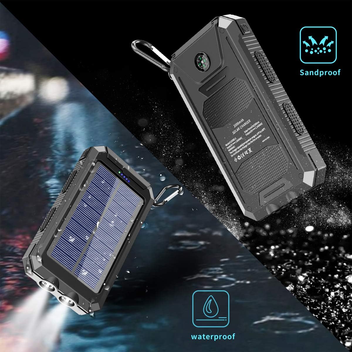 Solar Charger, 20000 mAh Portable Solar Power Bank for Cell Phone Waterproof External Backup Solar Battery Charger with Dual 2 USB Port/LED Flashlights Compatible All Smartphone, Tablet, and More