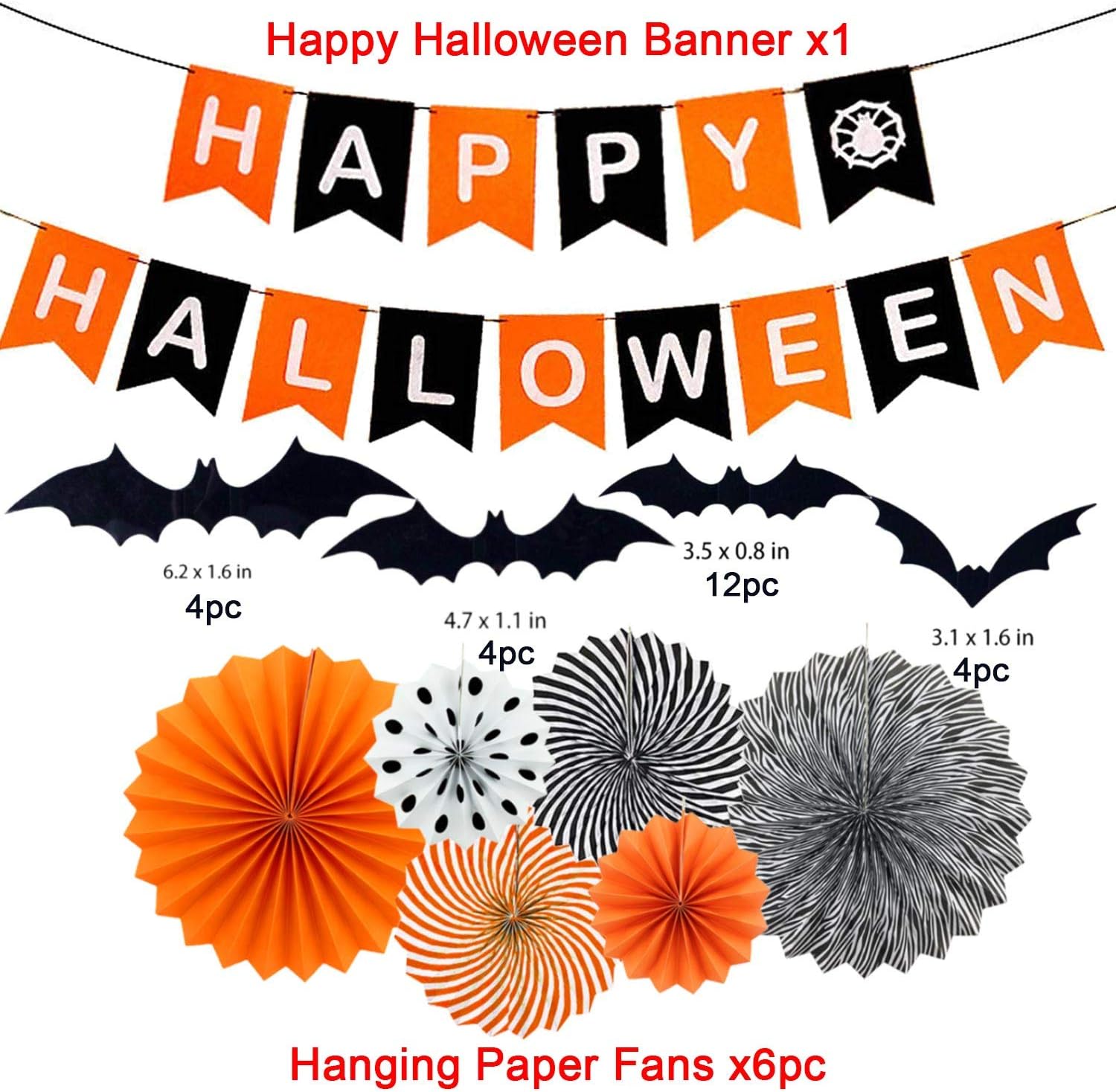 Halloween Party Decoration Kit - Happy Halloween Banner and Hanging Paper Fans Black Orange 3D Bat Stickers for Halloween Decoration: Health & Personal Care