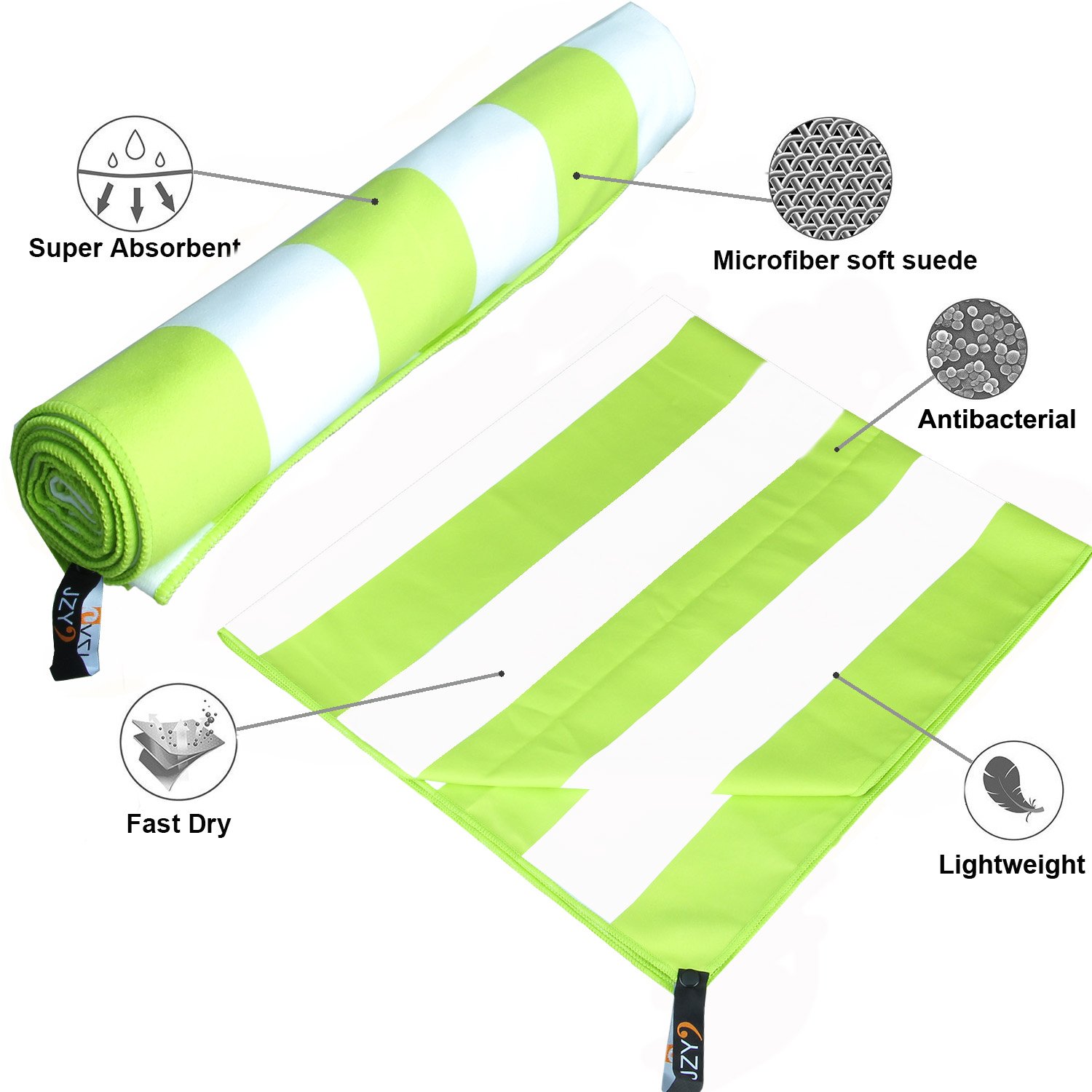 JZY Beach Towel, Microfiber Towel for Swim, Pool, Camping, Outdoors, Sand Free Towel-Lightweight, Quick Dry(Extra Large 70×35, Large 60×30) (Green, Large)