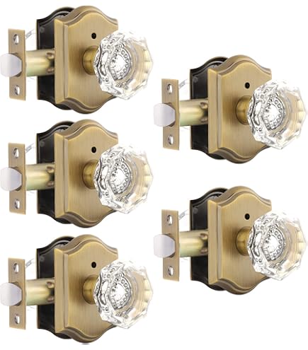 JESSTTI Clear Crystal Glass Door Knob With Lock - Gold Finish, Privacy Bathroom & Bedroom Knob, Anti-Lock, Adjustable Latch, Easy Install
