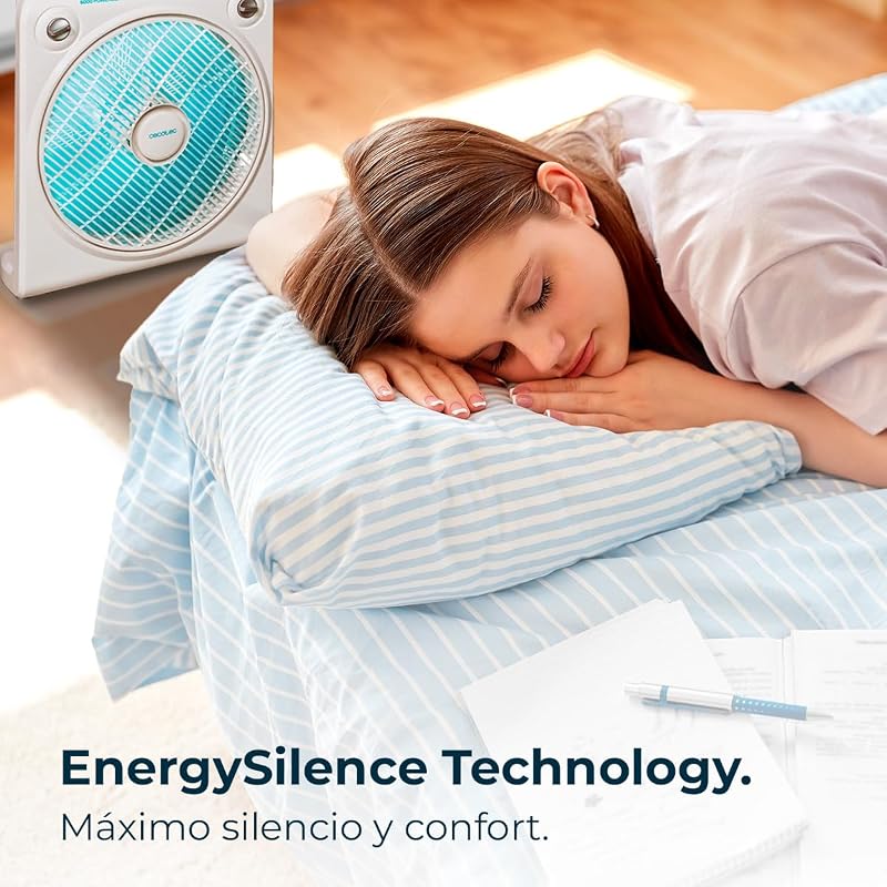 Ventilador de chão branco EnergySilence 6000 Power Box Cool. Motor de cobre, 50W, 12" de diâmetro com 5 pás, grelha rotativa, 3 velocidades, temporizador de 2 horas, uso simples e seguro