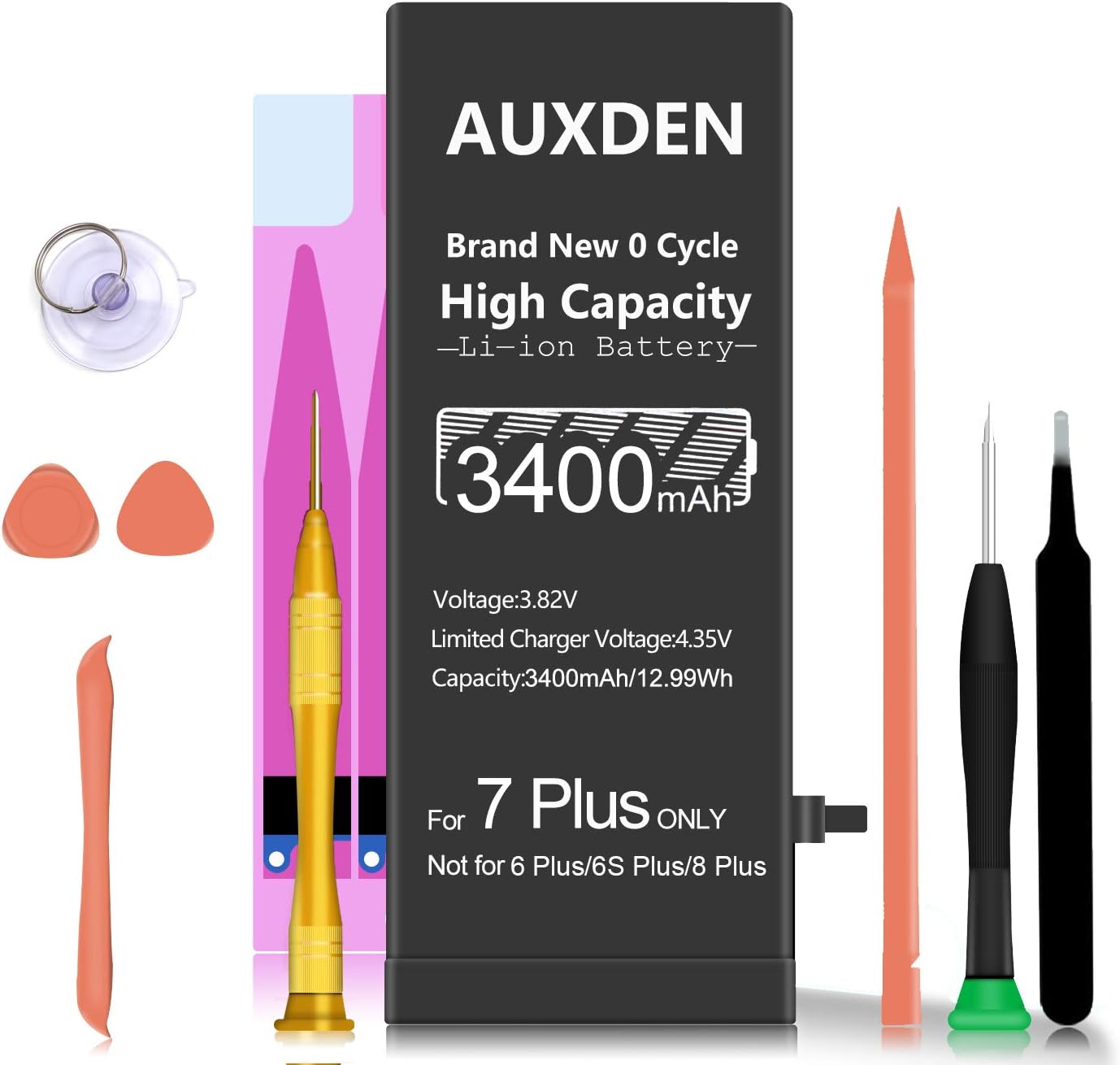 Auxden 3400mAh Battery for iPhone 7 Plus, High Capacity Replacement Battery with 0 Cycle, Complete Repair Tool Kits and Adhesive Strips Provided - 24-Month Warranty