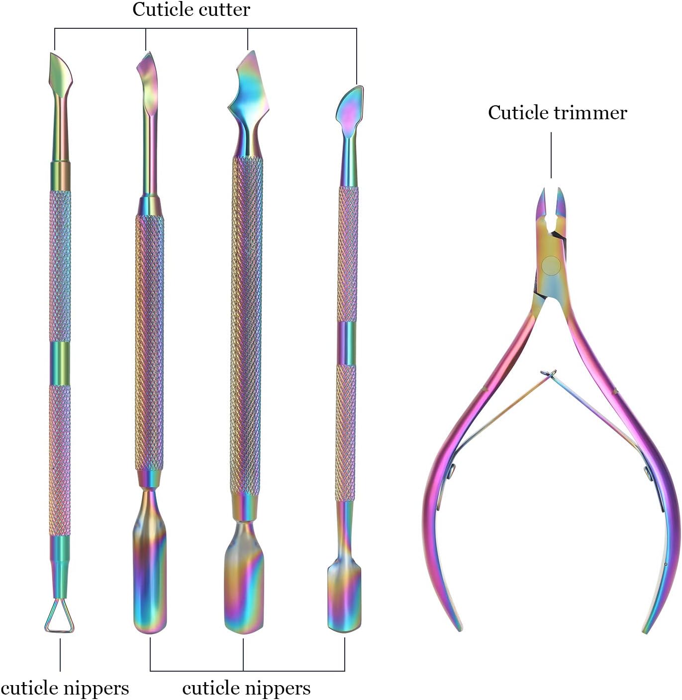 Cuticle Trimmer with Cuticle Pusher and Cuticle Cutter 5PCS Color Gradient Multi-Function Stainless Steel Cleaning Care Manicure Tools and Easy to Carry and Store: Home Improvement