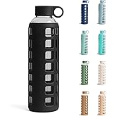 purifyou 40oz / 32oz / 22oz / 12oz Borosilicate Glass Water Bottle with Time & Volume Markers, Silicone Sleeve, Stainless Steel Lid | Reusable Glass Bottle for Water & Juice (32oz Jet Black)
