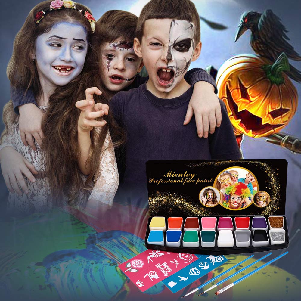 Mieutoy Face Paint Set - 16 Color Washable Eco-friendly Body Paint Make-up Oil Painting Palette Color Panels with 3 Brushes, 2 Stickers, Halloween Decorations for Adults & Kids Party