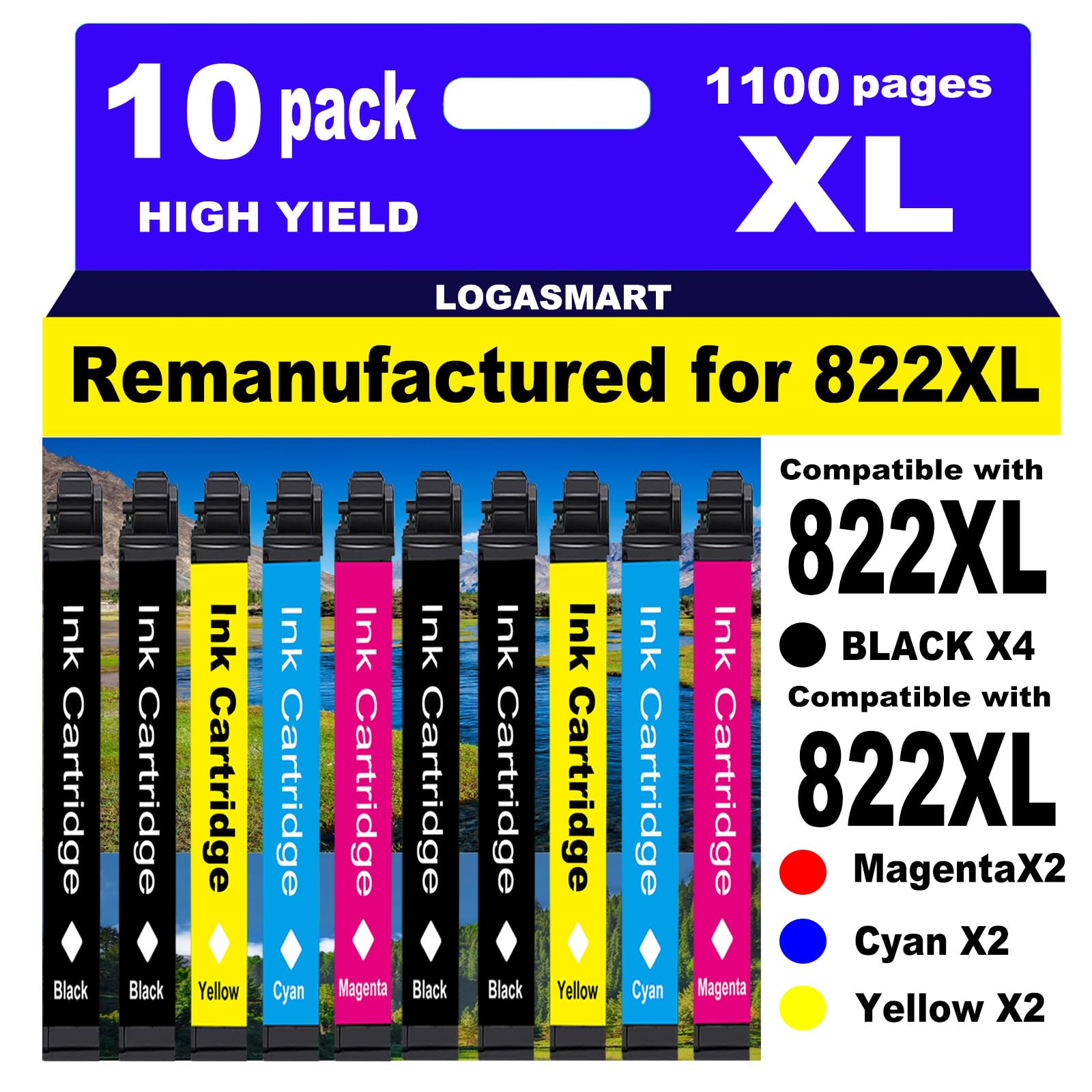 Photo 1 of LOGASMART for 822XL Remanufactured for Epson 822XL Ink Cartridges 822 XL T822 for Workforce Pro WF-3820 WF-3823 WF-4820 WF-4830 WF-4833 WF-4834 Printer 10PACK 4Black 2Cyan 2Yellow 2Magenta
