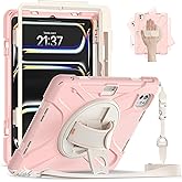 Batianda Case for iPad Pro 13-inch 2025 M5 2024 M4 Chip Heavy Duty Rugged Durability Silicone Tablet Cover with 360° Rotating Hand Strap Foldable Hidden Stand & Shoulder Strap, Pink