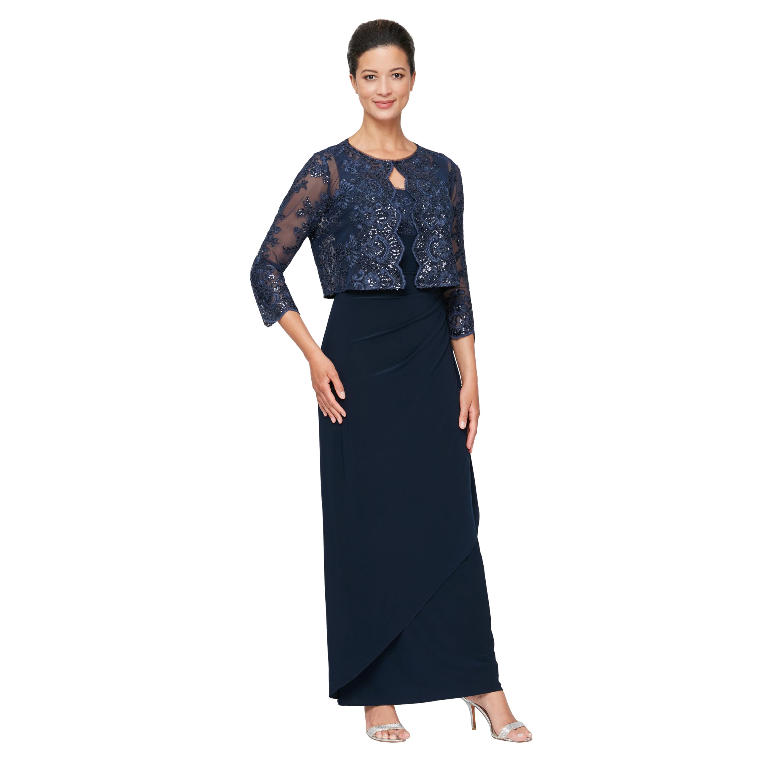 Alex Evenings Women’s Empire Waist Bolero Jacket Dress (Petite and Regular Sizes), Navy Illusion, 10