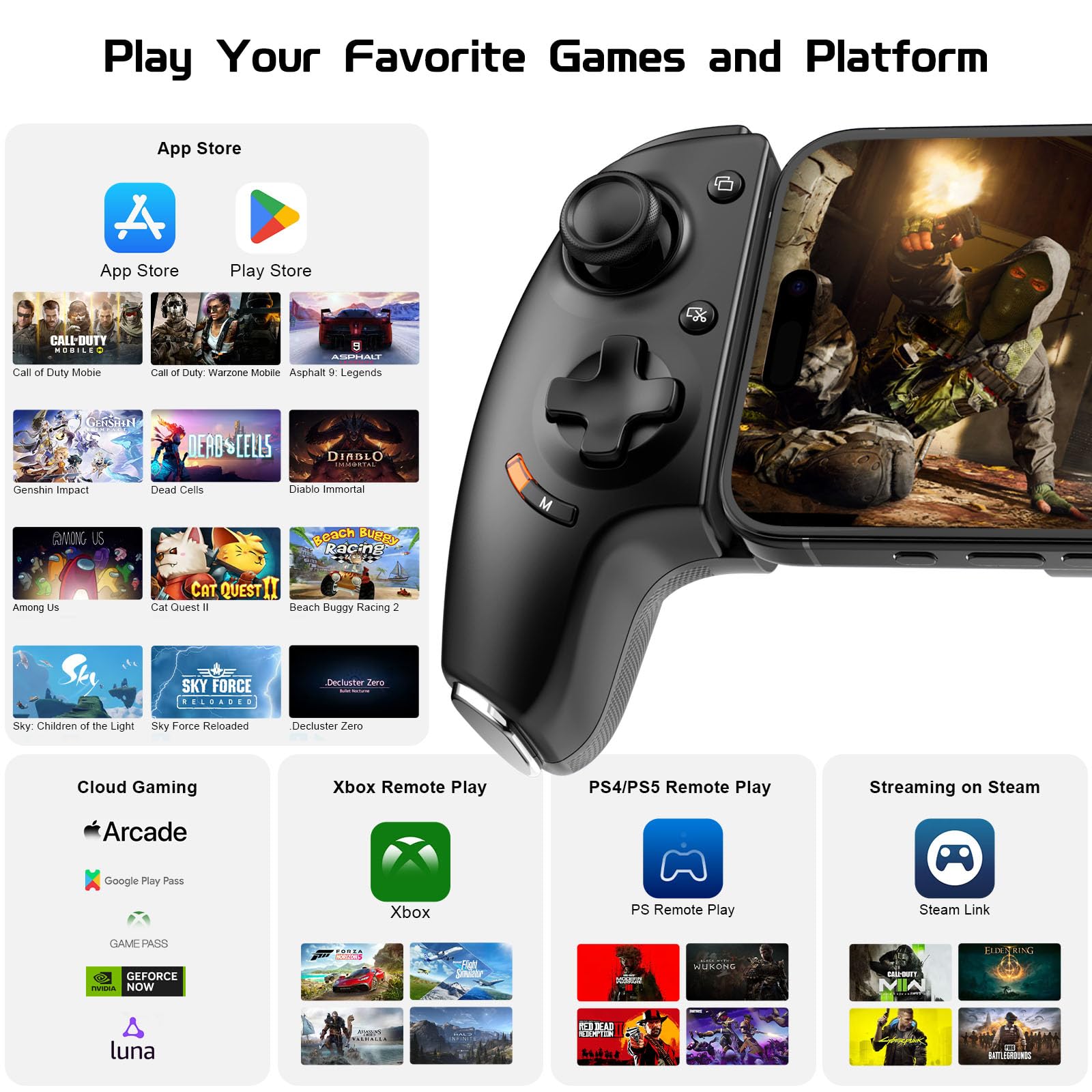 Joso Phone Controller für iPhone 15/iPhone 16 Serie für Android (USB-C), Remote Player Gamepad für PS5/PS4/Xbox Konsole mit Hall Effekt Joysticks/Hall Trigger, 2 Mappable Tasten, 3.5mm Audio Jack 3