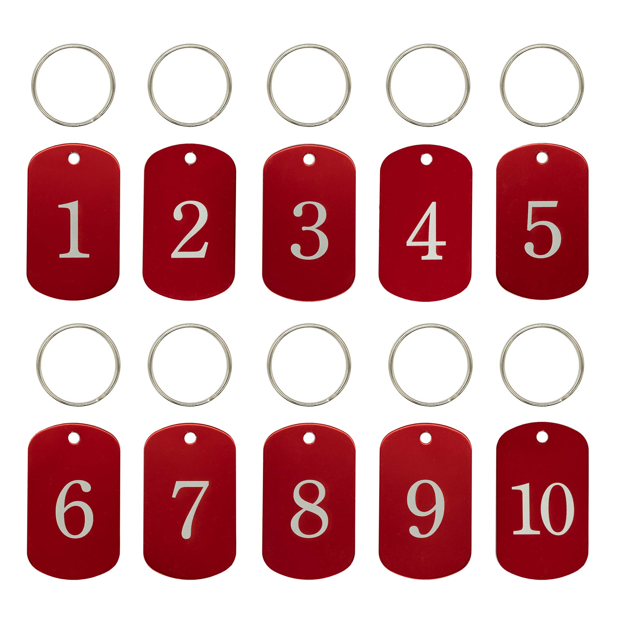 Aluminum Engraved Number Tags Key Tags ID Tags with Key Rings (1-10, Red)