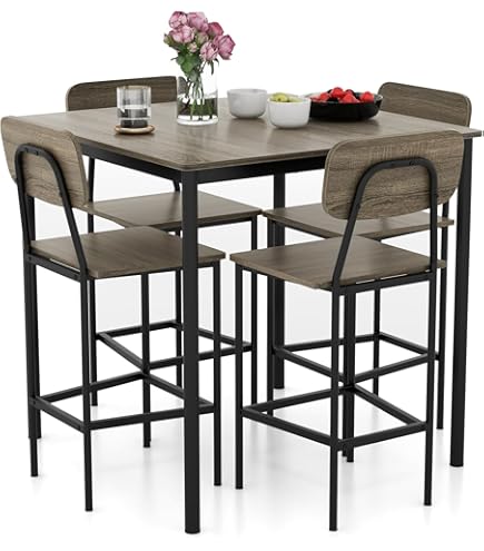 HUGROVE 47.2-Inch Industrial Bar Table Set - 5-Piece Counter Height Dining Set With 4 Stools, Grey