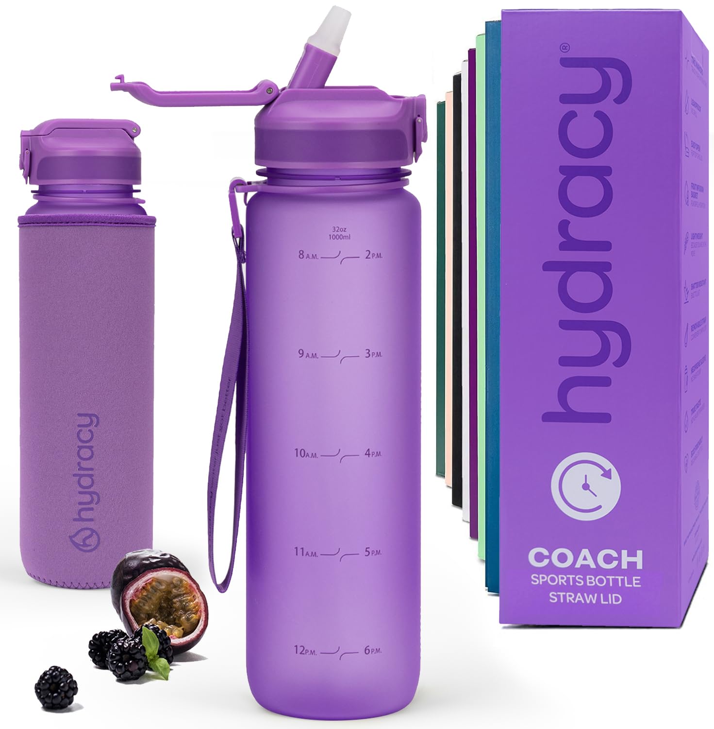 Hydracy Water Bottle with Times to Drink & Straw - Large 1 Litre BPA Free Motivational Water Bottle & No Sweat Sleeve -Leak Proof Gym Bottle with Time Marker - Ideal for Fitness, Sports & Outdoors